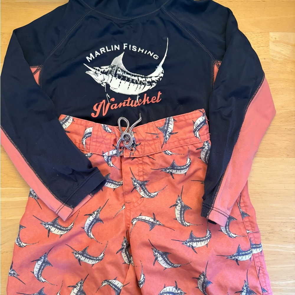 Janie and Jack Navy and Coral Marlin Fishing Rash Guard Set